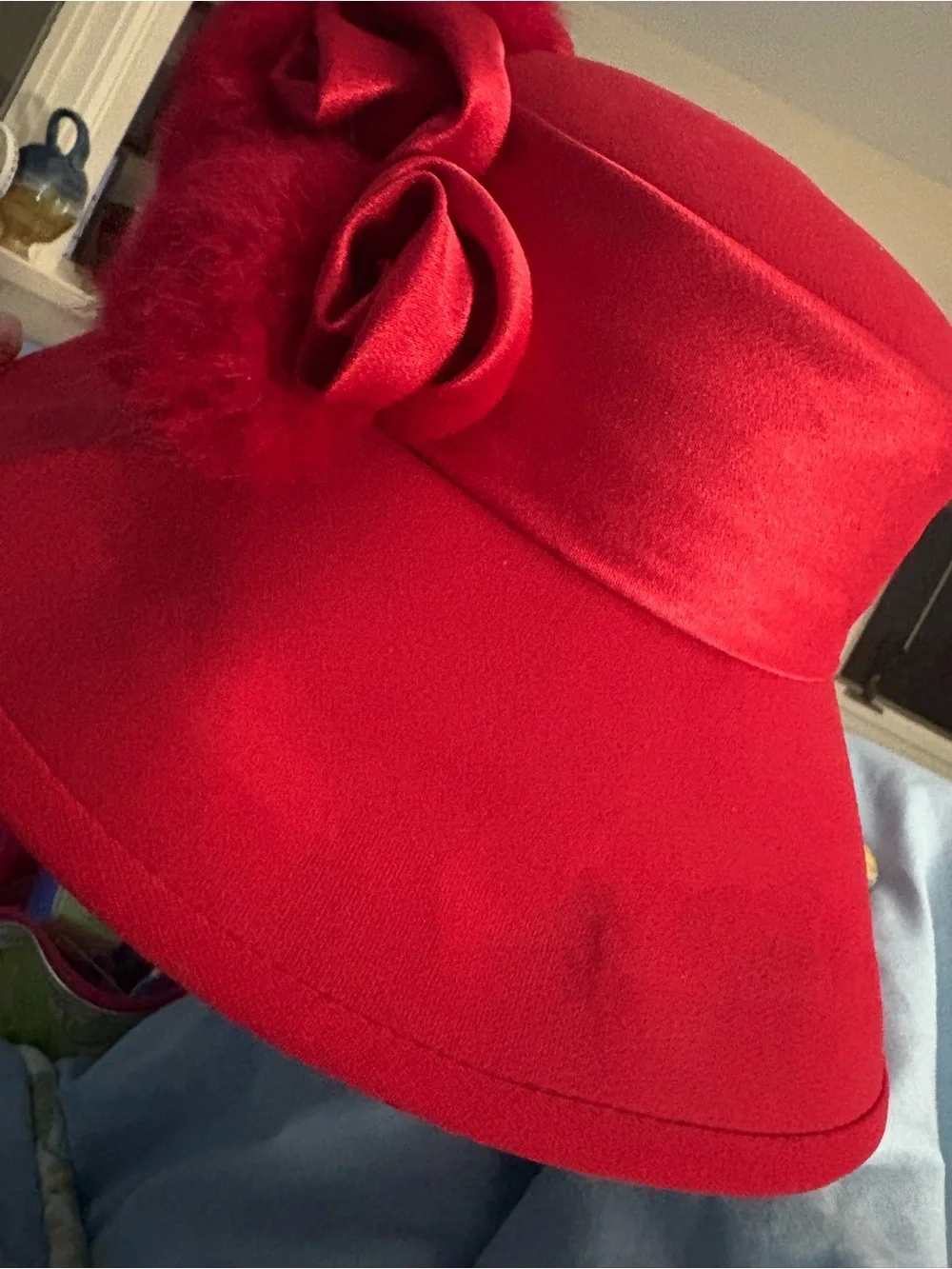 Vintage ML Studio 100% Wool RED Hat Silk Rosettes Mink Pom Poms Fascinator WOW